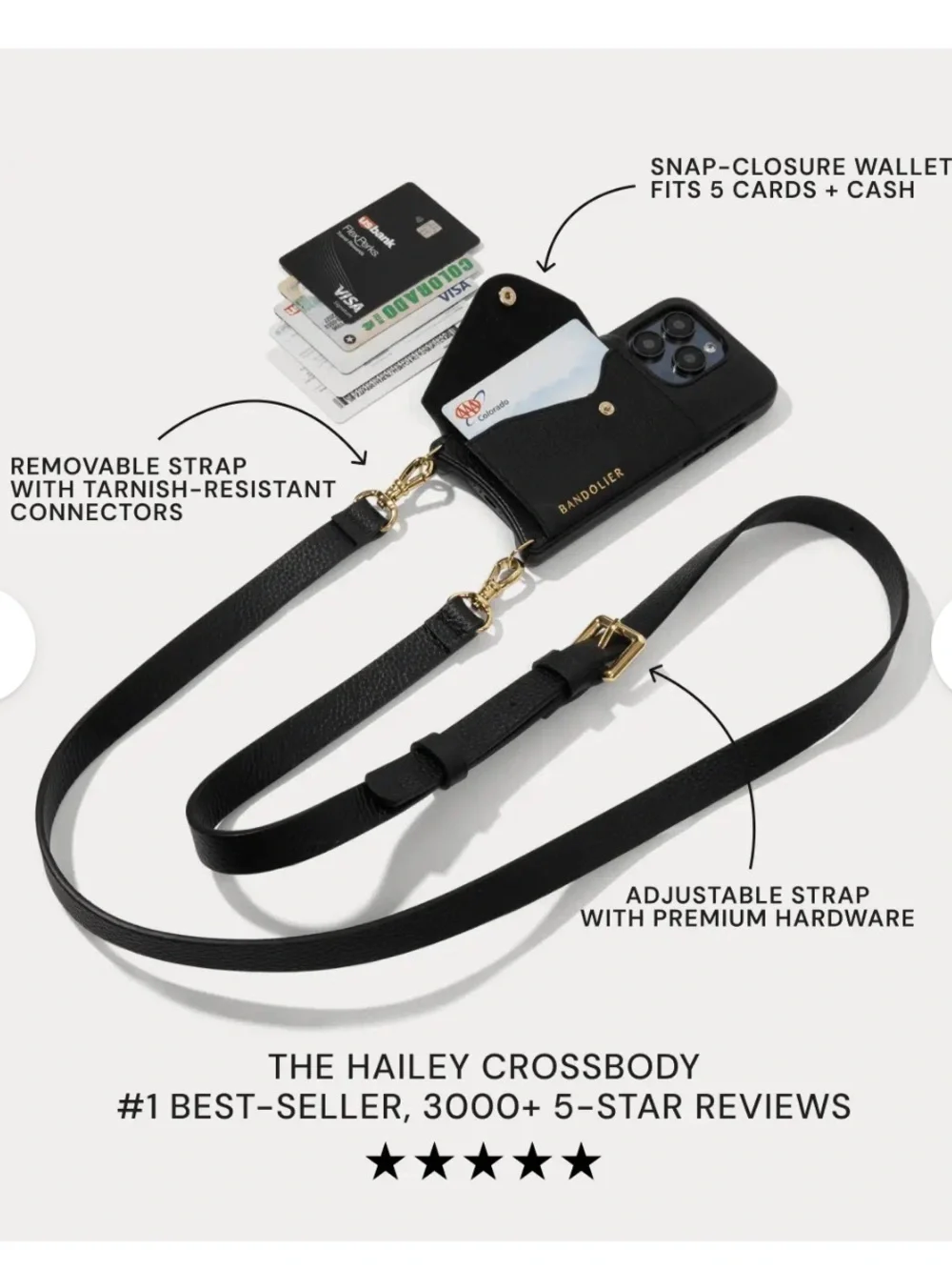 Bandolier Black Gold Leather Crossbody Phone Case Card Pocket for iPhone 13 mini